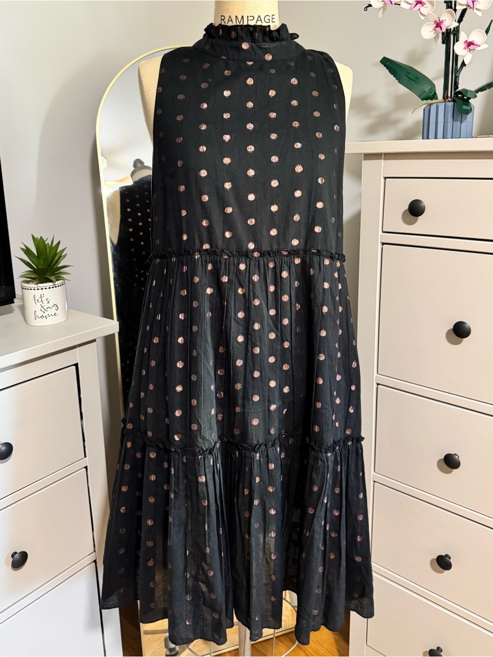 NWT‎ Oliphant Ruffle Layered Dress Copper Dot Metallic Size Large